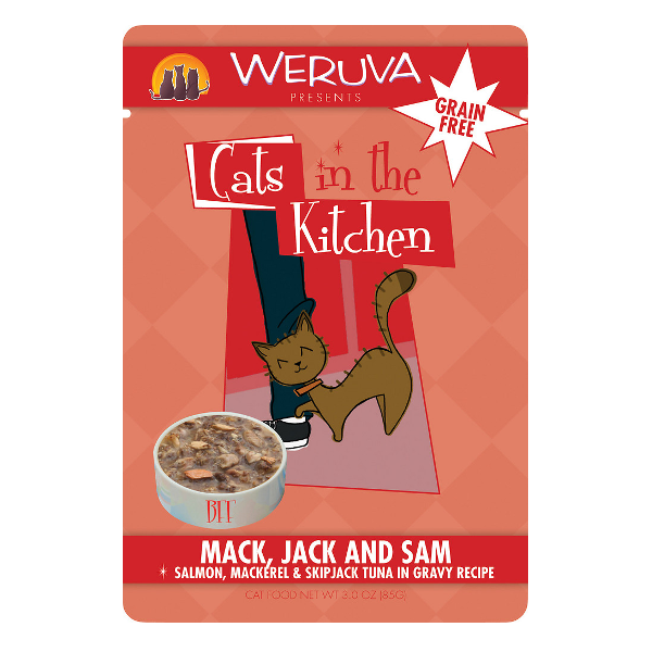 Weruva Cats in the Kitchen Mack, Jack & Sam Salmon, Mackerel & Skip Jack Tuna in Gravy Recipe Cat Food Pouches 3oz - Mutts & Co.