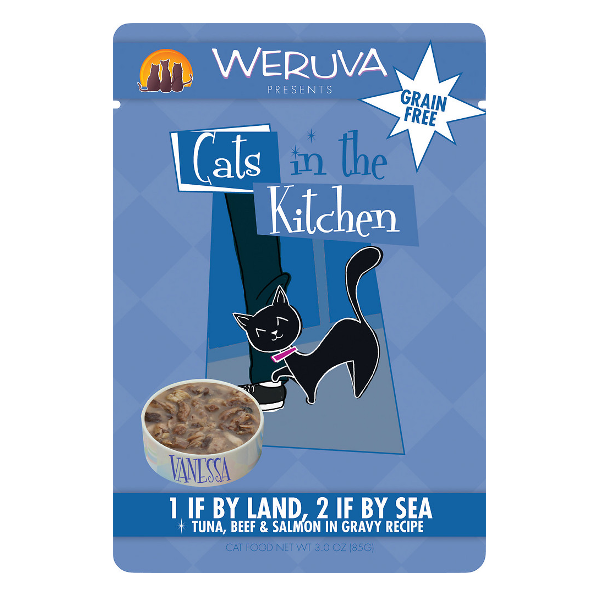 Weruva Cats in the Kitchen 1 If By Land, 2 If By Sea Tuna, Beef & Salmon in Gravy Recipe Cat Food Pouches 3oz - Mutts & Co.