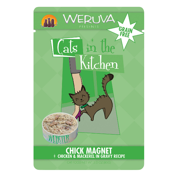 Weruva Cats in the Kitchen Chick Magnet Chicken & Mackerel in Gravy Recipe Cat Food Pouches 3oz - Mutts & Co.