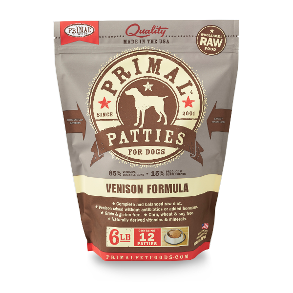 Primal Patties Venison Formula Frozen Raw Dog Food 6 lbs - Mutts & Co.