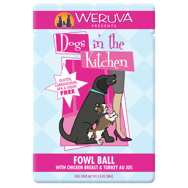 Weruva Dogs in the Kitchen Fowl Ball with Chicken Breast & Turkey Au Jus Grain-Free Dog Food Pouches, 2.8-oz - Mutts & Co.