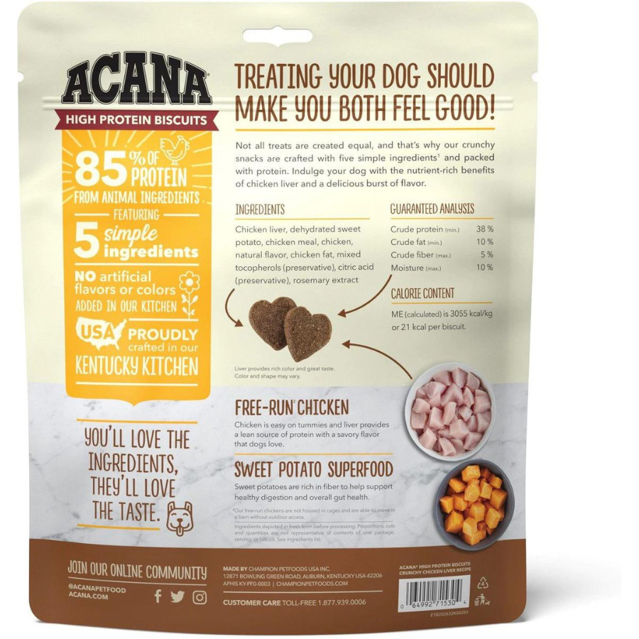 Acana High-Protein Biscuits Grain-Free Chicken Liver Recipe Med/Large Breed Dog Treats, 9-oz bag - Mutts & Co.