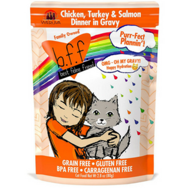 BFF OMG Purr-Fect Plannin'! Chicken, Turkey & Salmon Dinner in Gravy Cat Food Pouches - Mutts & Co.