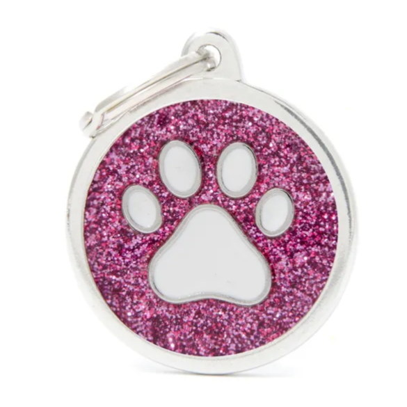 MyFamily Circle Glitter Tag Pink with Silver Paw - Mutts & Co.