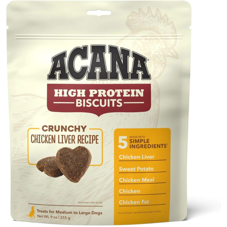 Acana High-Protein Biscuits Grain-Free Chicken Liver Recipe Med/Large Breed Dog Treats, 9-oz bag - Mutts & Co.
