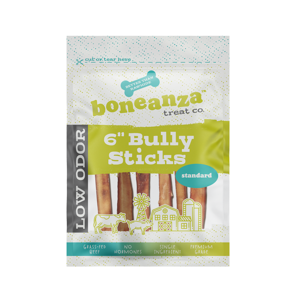 Boneanza Treat Co. Low Odor Standard Bully Stick 6" 6pk - Mutts & Co.