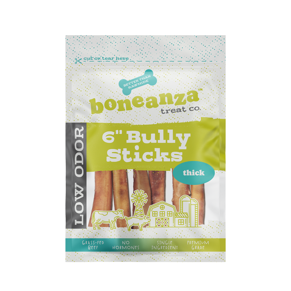Boneanza Treat Co. Low Odor Thick Bully Sticks 6" 6pk - Mutts & Co.