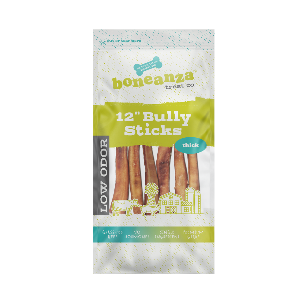 Boneanza Treat Co. Low Odor Thick Bully Sticks 12" 6pk - Mutts & Co.