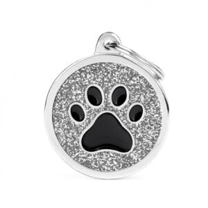 MyFamily Circle Glitter Tag Silver with Black Paw - Mutts & Co.