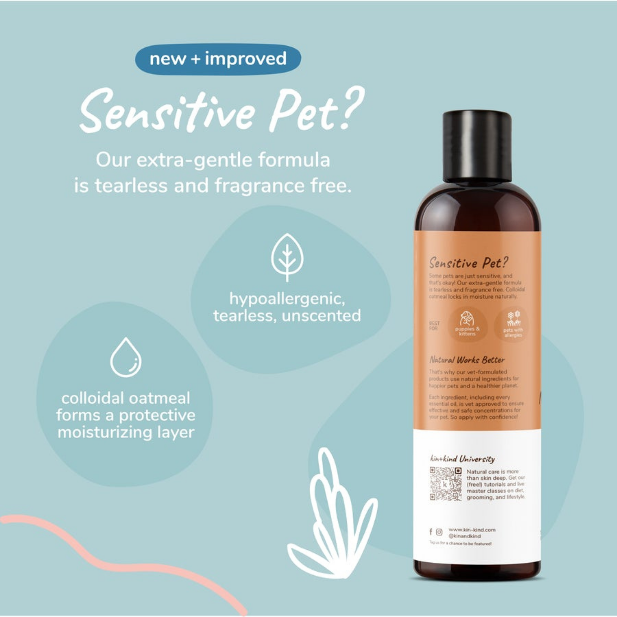 Kin + Kind Sensitive Skin Natural Shampoo for Puppies & Kittens Unscented, 12 oz - Mutts & Co.