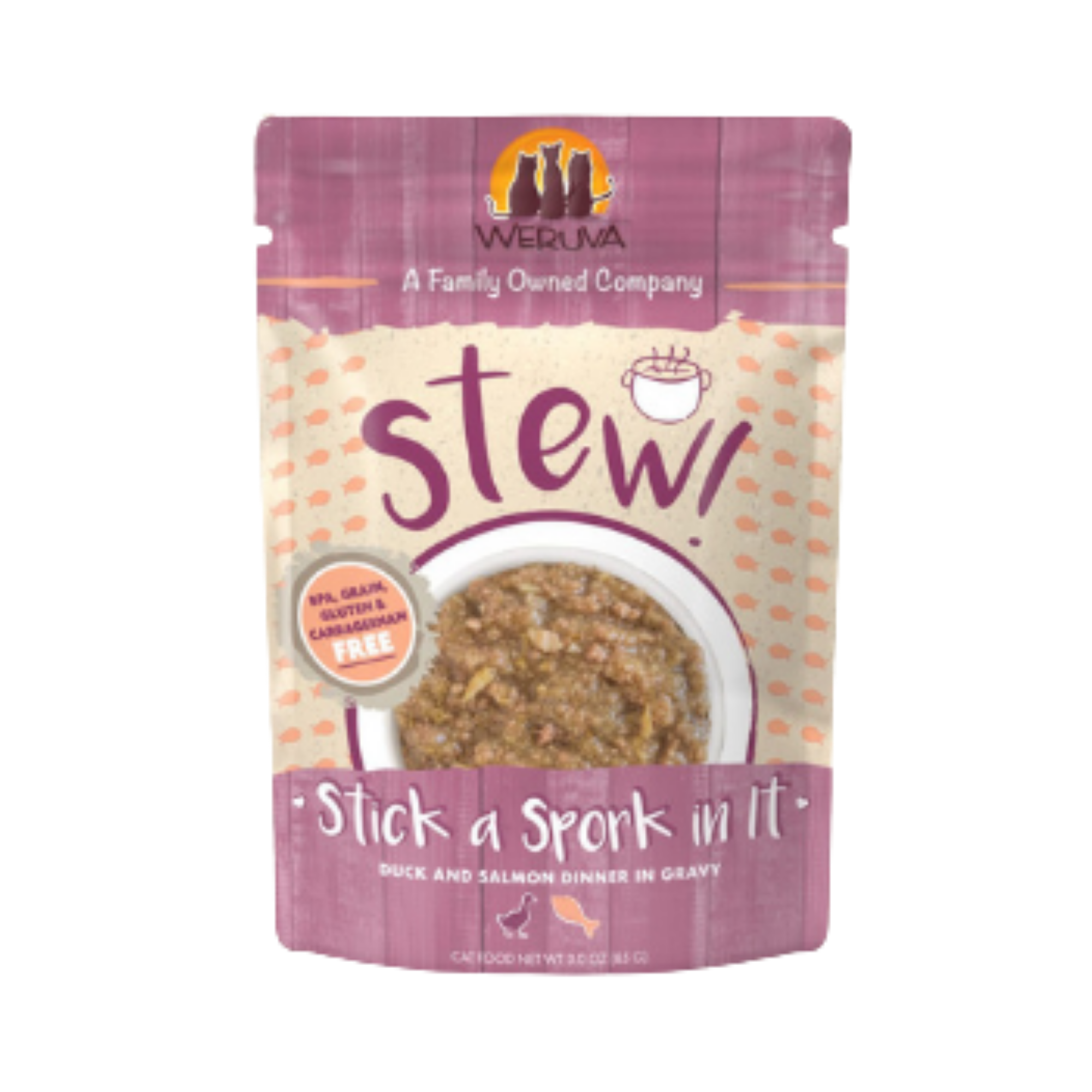 Weruva Stew! Stick a Spork in It Duck & Salmon Dinner in Gravy Wet Cat Food Pouches 3oz - Mutts & Co.