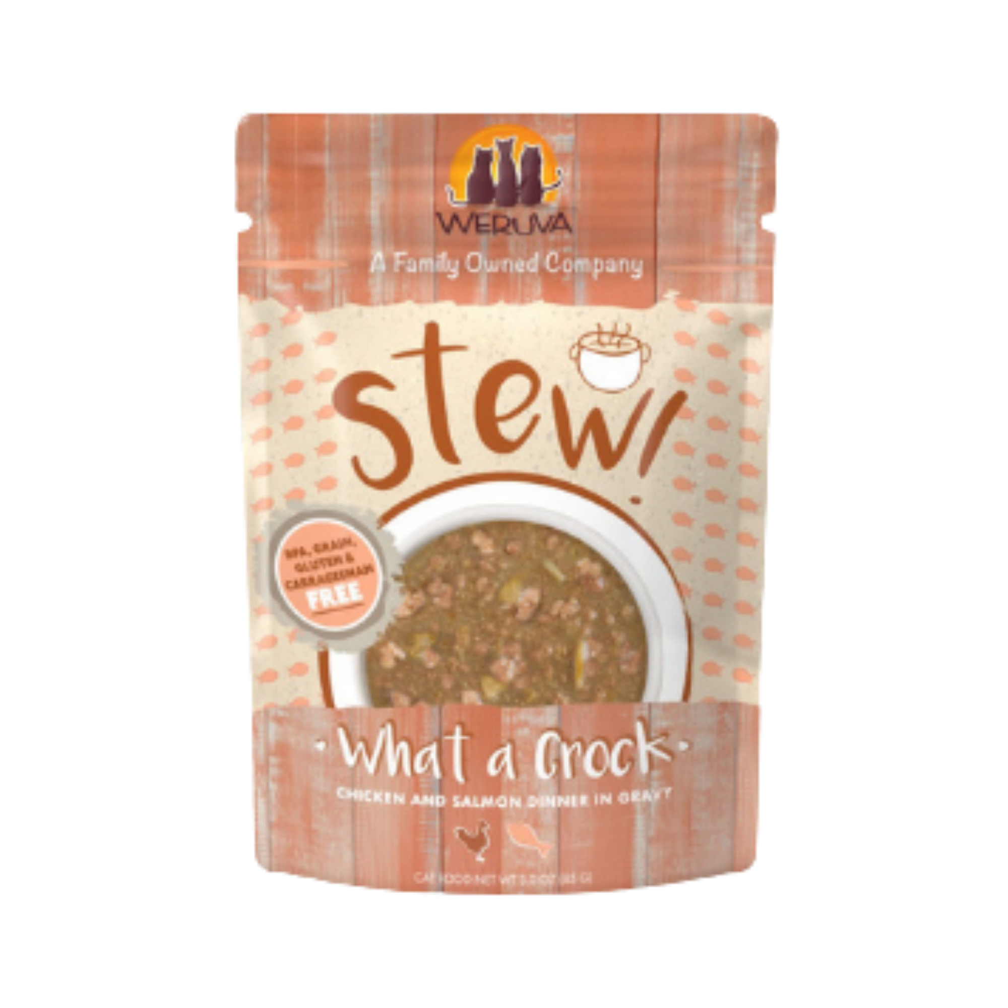 Weruva Stew! What A Crock Chicken and Salmon Dinner in Gravy Wet Cat Food Pouches 3oz - Mutts & Co.