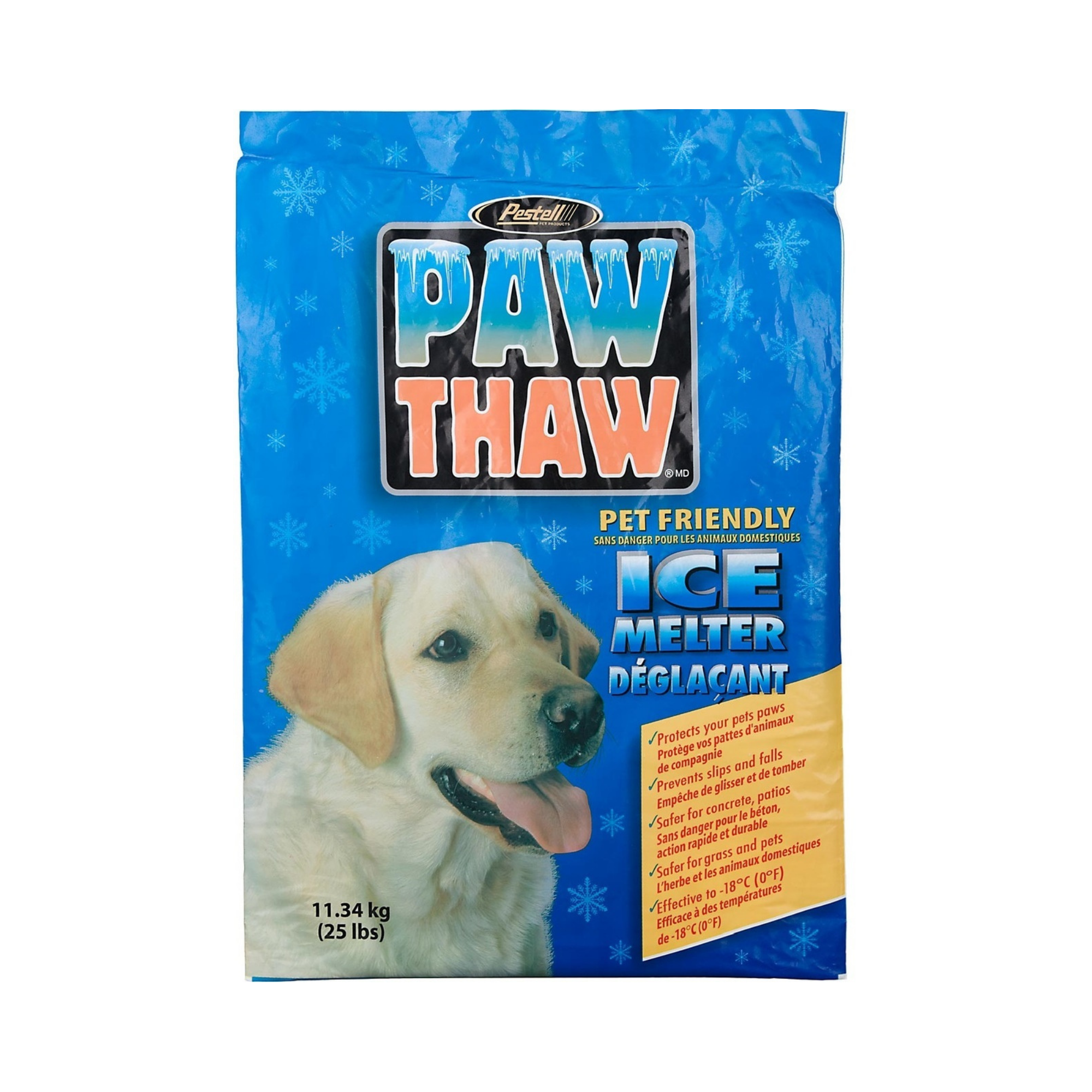 Front view of a blue bag labeled “Paw Thaw” pet-friendly ice melter. The package features snowflake graphics, a large photo of a yellow Labrador retriever, and text reading “Pet Friendly Ice Melter.” Additional text highlights safety for pets, protection against slips and falls, and effectiveness down to cold temperatures. The bag indicates a weight of 25 lbs (11.34 kg).