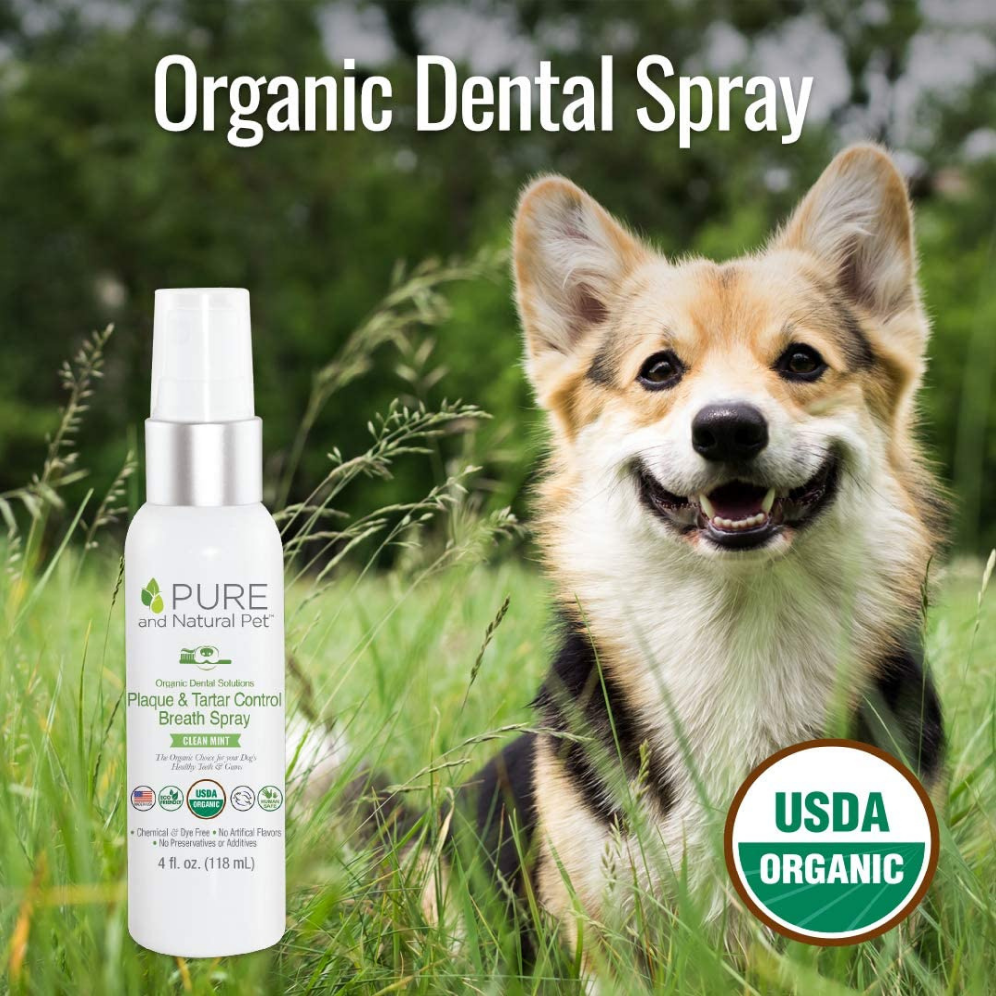 Pure and Natural Pet Organic Dental Solutions Plaque & Tartar Control Breath Spray for Dogs 4oz - Mutts & Co.